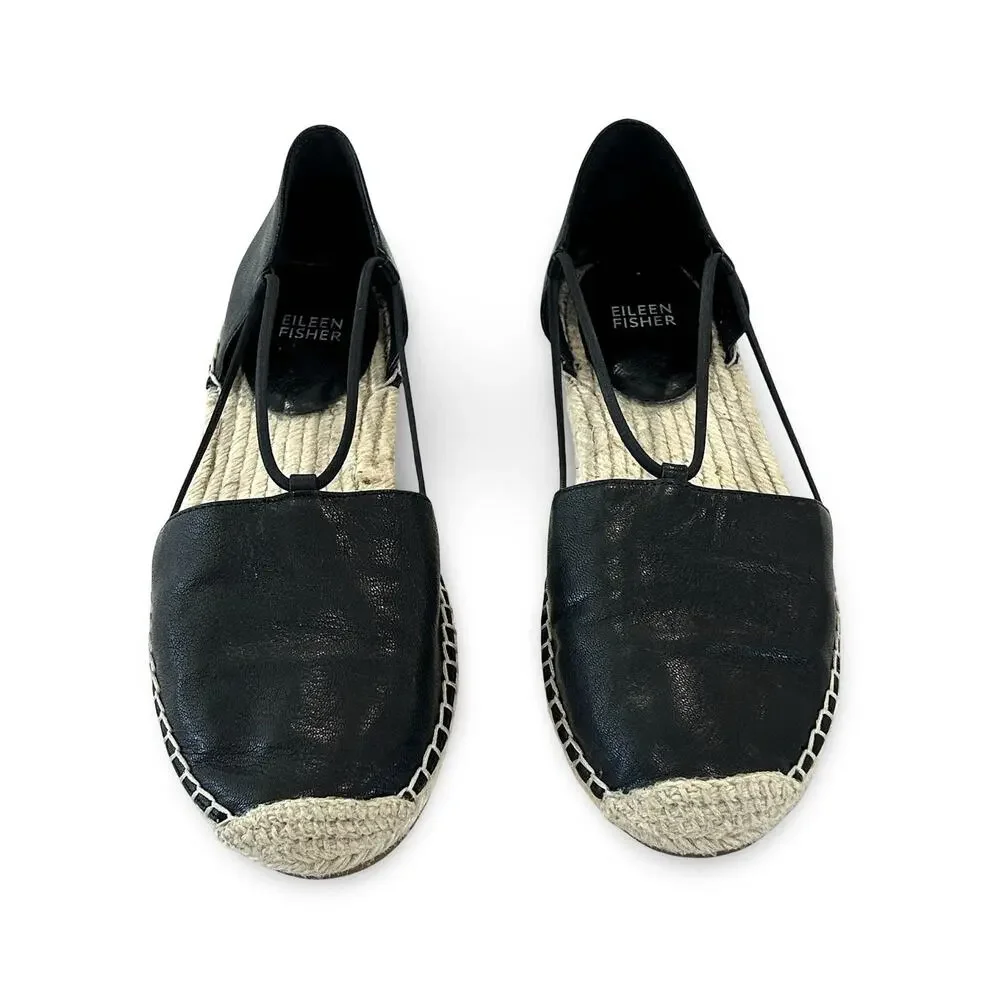 Eileen Fisher Lee Espadrille Flats Sandals Womens Size 9 Black Leather